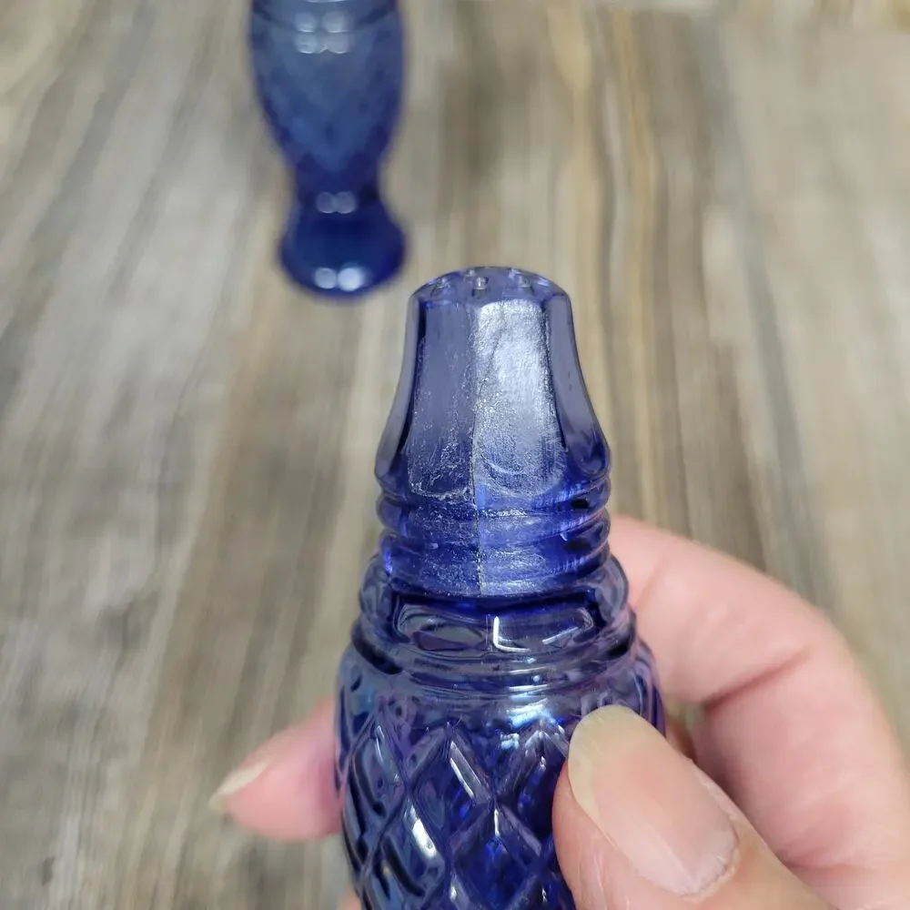 Vintage Avon Crystal Point Blue Glass Salt and Pepper Shakers Set 1970s